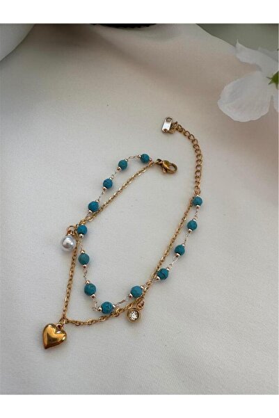 Pelin Aksesuar Turquoise Stone Heart Steel Bracelet