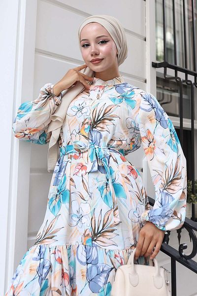 benguen Patterned Hijab Dress Turquoise 579