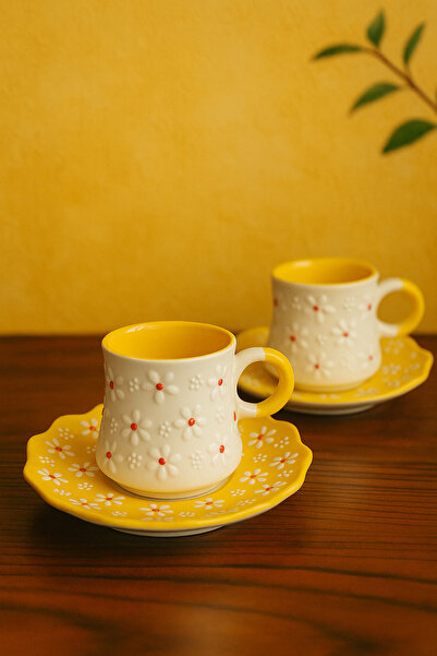 PS Porcelain El Yapımı Çiçek Desenli 2 Kişilik Kahve Fincanı
