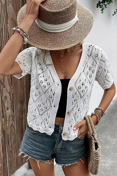 TRQOM Women's Openwork Short Sleeve Button Knitted V Neck Casual White Tirko Cardigan