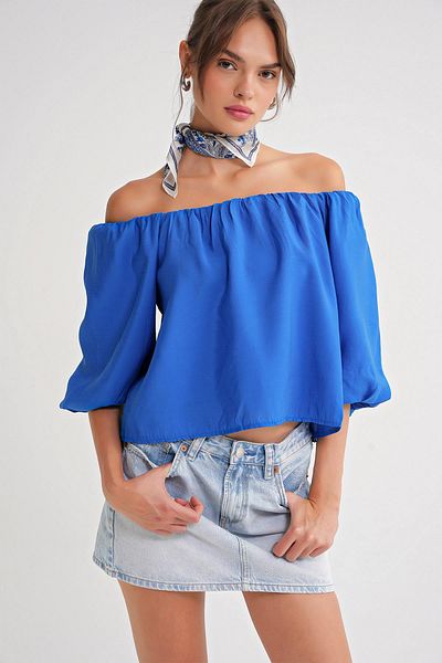 Mixray 4706 Women's Backless Balloon Sleeve Strapless Blouse Saks Blue