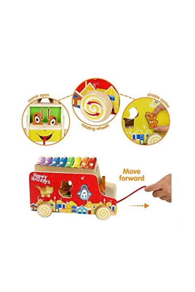 OEM Wooden Pull Toy Bus with Xylophone and Animals, Multicolor