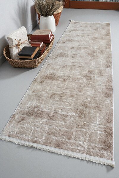 melian Aksu Fringed Stan Non-Slip Base Cutting Embossed Living Room Corridor Kitchen Washable Condition Beige