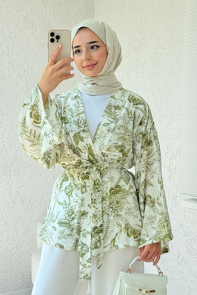 Salih Çelebi Nature Pattern Belted Kimono 2375 - Khaki