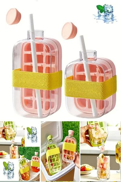 Rosemor 2-Piece Press New Generation Ice Mold with Straw Water Bottle Compartment Ice Cube 800 ml 500 ml