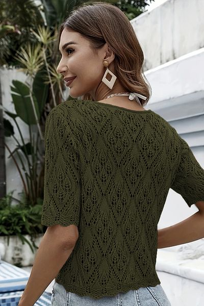 TRQOM Women's Openwork Short Sleeve Button Knitted V Neck Casual Khaki Tirko Cardigan