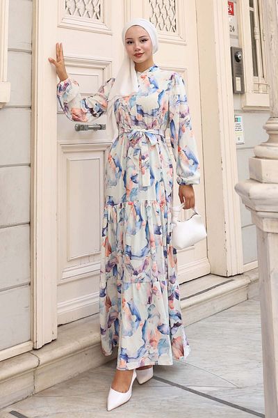 benguen Patterned Hijab Dress Ecru 581