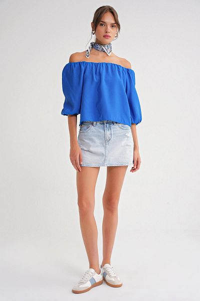 Mixray 4706 Women's Backless Balloon Sleeve Strapless Blouse Saks Blue