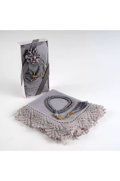 nurfemina Gray Lace Edged Shawl and Pearl Prayer Beads Gift Set - Elegant Boxed, Women's Hijab Accessory