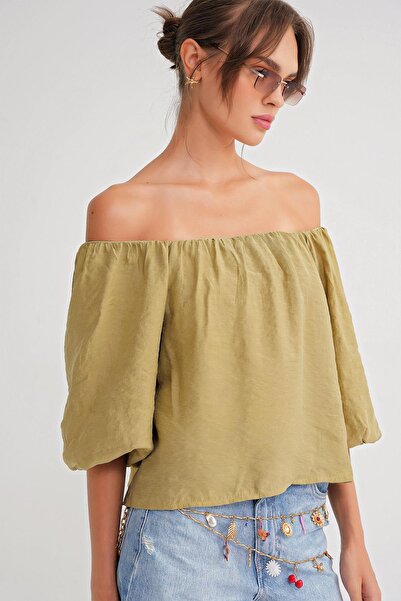 Mixray 4706 Women's Backless Balloon Sleeve Strapless Blouse Fat Green