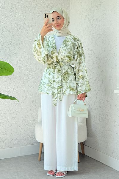 Salih Çelebi Nature Pattern Belted Kimono 2375 - Khaki