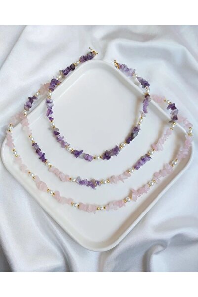 Gigi Ametist ve pembe Kuvars 3 lü kolye seti