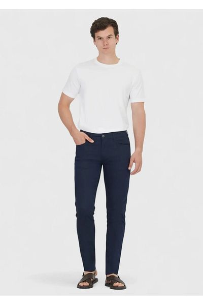 Ramsey Navy Blue Straight Woven Casual Cotton Blended Trousers