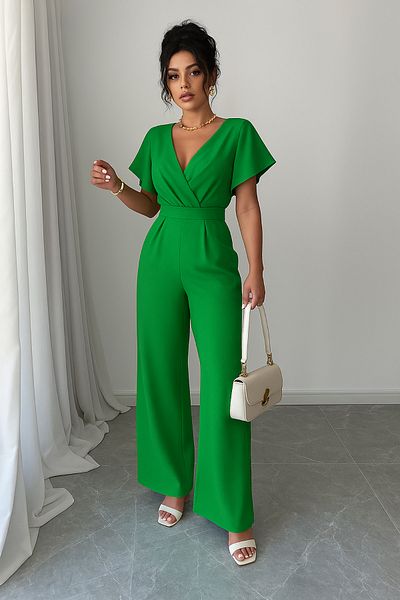 Deafox Light Green Women's Short Sleeve Double Breasted Collar Self Belted Jumpsuit