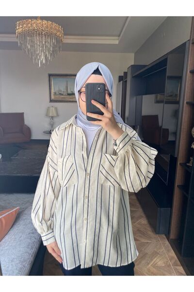 Reyon OVERSİZE LACİVERT ÇİZGİLİ GÖMLEK