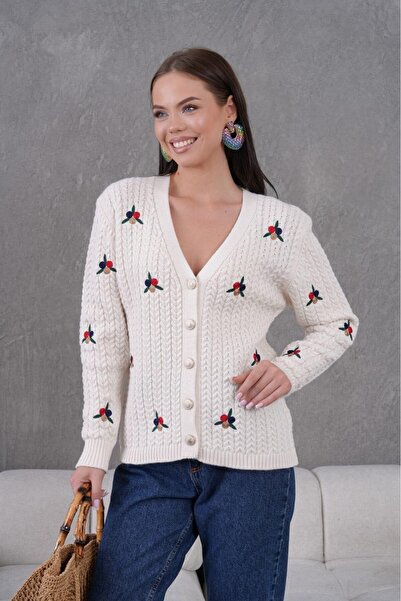 FLEX FASHION Women's Trend Popular Flower Embroidered 60 cm Cream Knitwear Cardigan