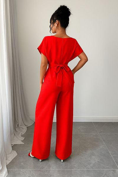 Deafox Light Red Women's Short Sleeve Double Breasted Collar Self Belted Jumpsuit
