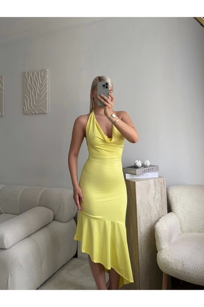 Zora Butik Sırt Dekolteli Halter Yaka Midi Elbise - SARI