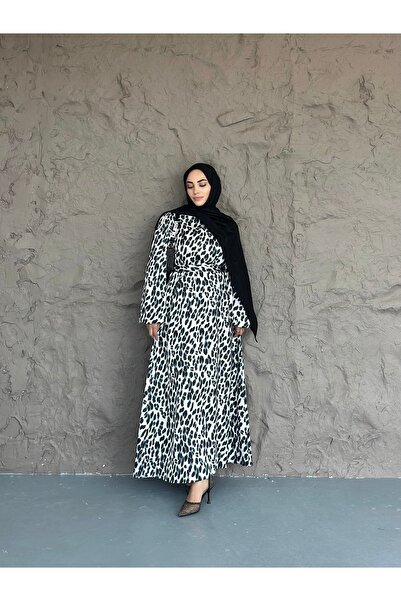 She Olive Μαύρο και άσπρο λεοπάρ σατέν μακρύ φόρεμα χιτζάμπ - Κομψό σχέδιο
