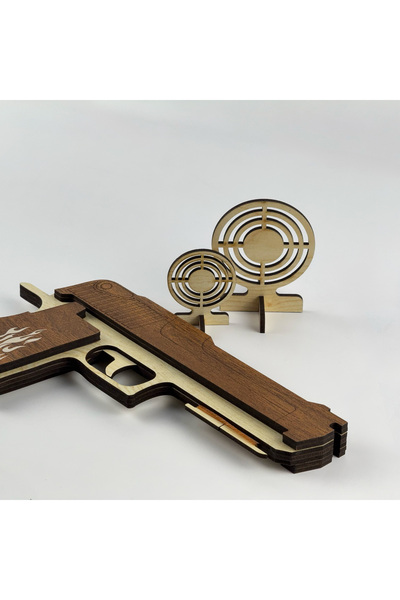 BAK GEL AL Lastik Atan Ahşap Oyuncak Tabanca ve Hedef Seti – Çocuklar ve Yetişkinler İçin Eğlenceli Atış Oyunu