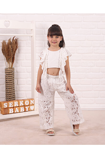 Serkon BABY Girls' Suit with Lace Crop Ruffle Wide Leg Pants