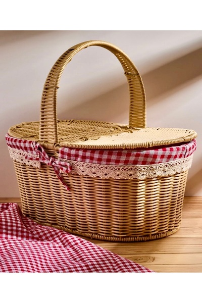 Pembelia Life Wicker Oval Picnic Basket Bamboo Basket with Lid Red Plaid Pattern Picnic Basket with Lid