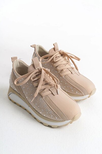 Genel Markalar ALYA Bağcıklı Ortopedik Taban Taşlı Kadın Sneaker Spor Ayakkabı BT - Krem