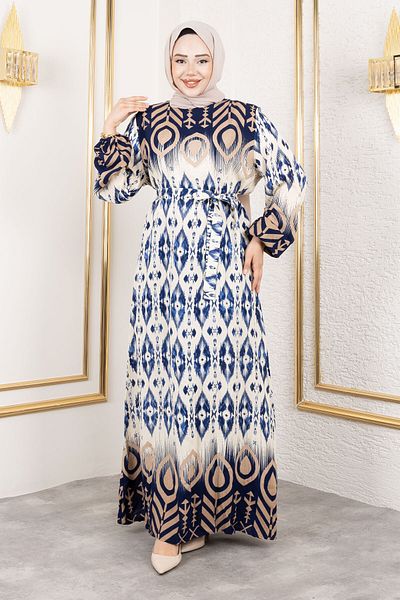 Tesettür Dünyası Shadow Transition Viscose Dress Tsd250207 Navy Blue