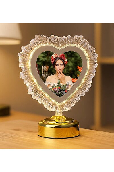 Bk Gift Kişiye Özel Fotoğraflı Kristal Kalpli Ledli Fotoğraf Çerçevesi, Ev He...