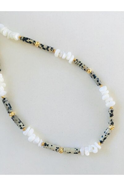 Gigi Beyaz kuvars ve benekli Jasper taşı tasarım kolye