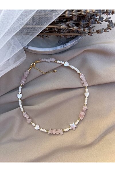 Gigi Kalpli ve yıldızlı pembe Kuvars kolye