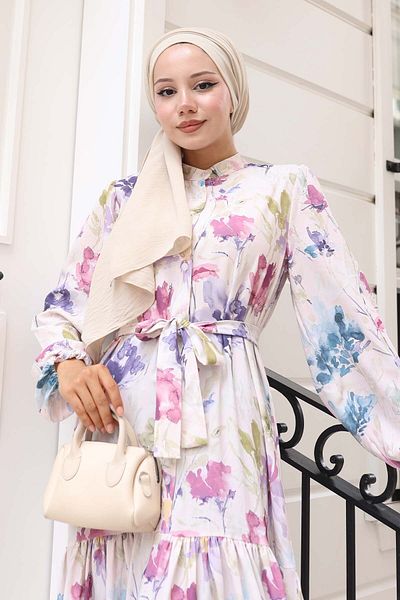 benguen Patterned Hijab Dress Lilac 583