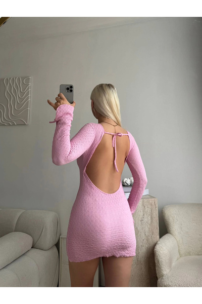Zora Butik Sırt Dekolteli, Bağcıklı Uzun Kollu Mini Elbise - PEMBE
