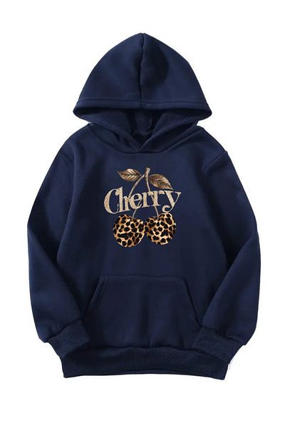 Sweetline Unisex Oversize Hooded Winter Cherries Leopard Pattern Printed Hooded Sweatshirt - Navy Blue