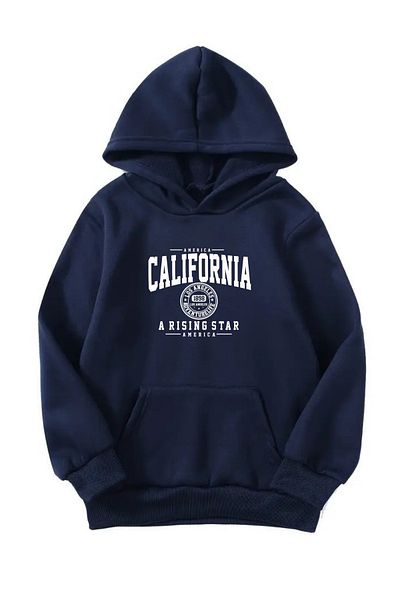 VBSVİBES Unisex Oversize Hooded Winter California Printed Hooded Sweatshirt - Navy Blue