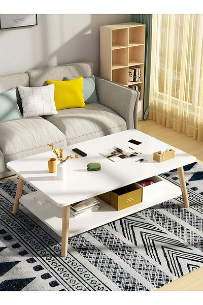 Taimi 2-Tier Wooden Center Table,for Living Room, Bedroom, Office, Coffee Table 100x60x42cm - White