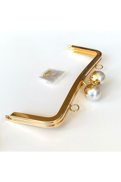 knitme İçten Vidalı İnci Metal Çanta Bursu - Klipsi Altın ( Askılıklı ) 20 Cm BA-0098