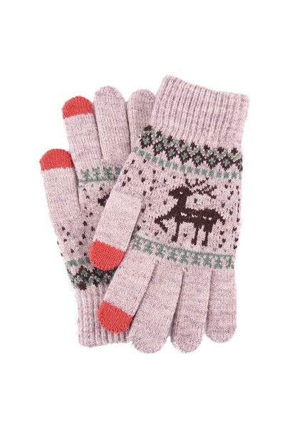 GERICOM Touchscreen-Compatible Wool Knitted Gloves, One Size, Reindeer Pattern, Pink-Blue