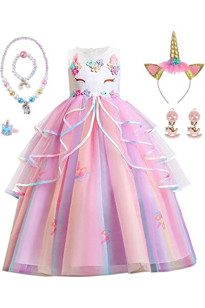 EvrikaUnity Rochie Unicorn pentru Copii, Set cu Bentita, Bijuterii si Accesor...