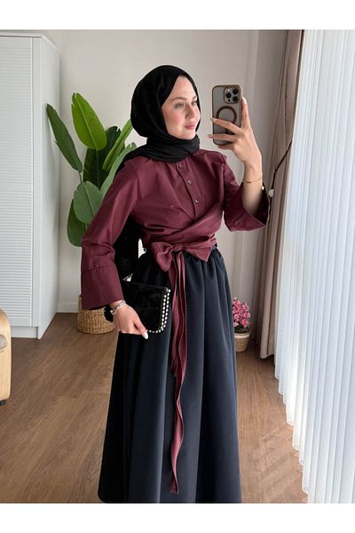 RFK Butik Women's Waist Tied Belted Skirt Top Shirt Claret Red