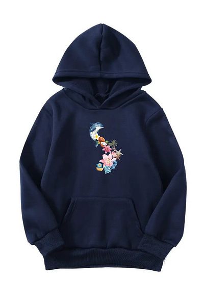 Sweetline Unisex Oversize Hooded Winter Floral Dolphin Printed Hooded Sweatshirt - Navy Blue