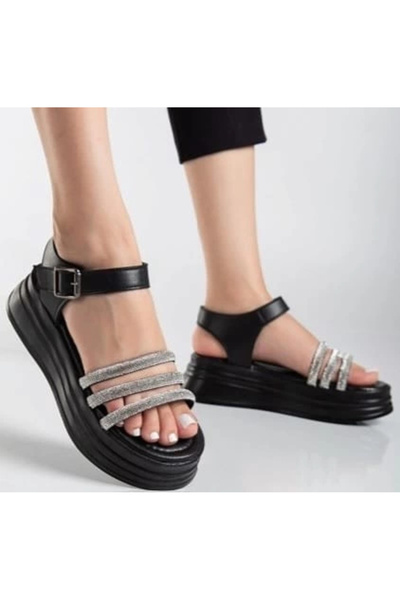 BEEMU Μαύρα πέδιλα με ζώνη Lalen