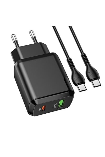Hoco N5 Network Charger, 20W, with USB-C Cable, Quick Charge Support, USB and USB-C Ports, Black