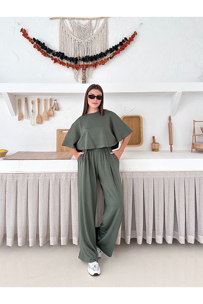 LE CARAMBOLE Women's Khaki Oversize Blouse Waist Elastic Wide Leg Pants Top-Top Set