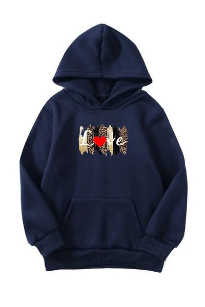VBSVİBES Unisex Oversize Hooded Winter Love Leopard Printed Hooded Sweatshirt - Navy Blue