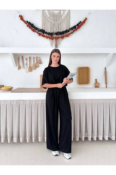 LE CARAMBOLE Women's Black Oversize Blouse Waist Elastic Wide Leg Pants Bottom-Top Set