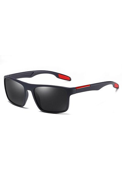 GERICOM Sport Sunglasses, Rectangular Shape, Polarized, UV Filter, Black Lens, Navy Frame with Red