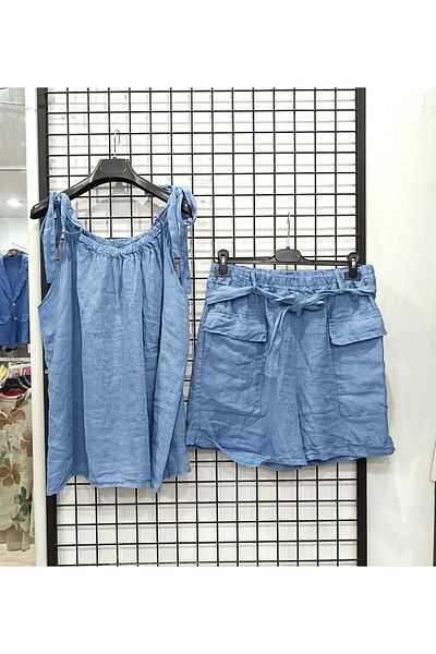 Butik Şans Tie Detailed Blouse Shorts Italian Linen Suit