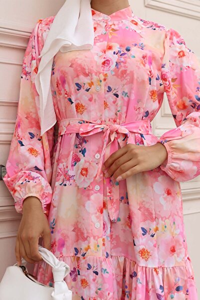 benguen Desenli Tesettür Elbise Pembe 584