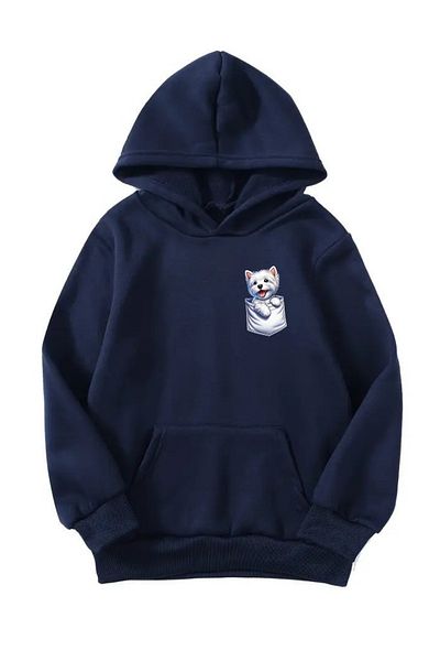 VBSVİBES Unisex Oversize Hooded Winter Pocket Detail Dog Printed Hooded Sweatshirt - Navy Blue